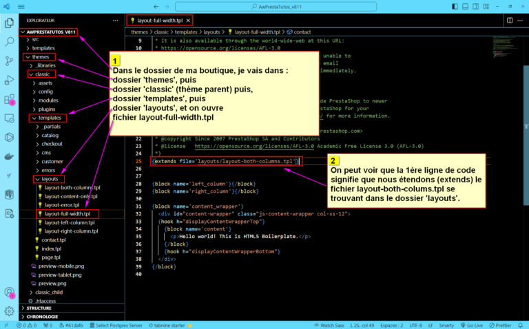 Image de l'ouverture du fichier layout-full-width.tpl du thème parent dans l'éditeur de code.