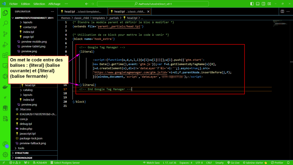 Image de l'insertion du code GTM dans des balises "{literal}" afin d'éviter les erreurs de compilation.