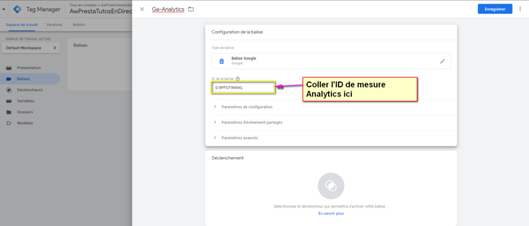 Image de l'ID de mesure de Analytics, intégré à la balise Google dans Google Tag Manager