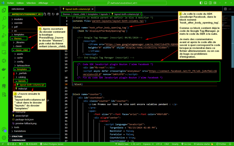 Image de l'intégration du SDK JavaScript Facebook dans le code de la boutique PrestaShop.