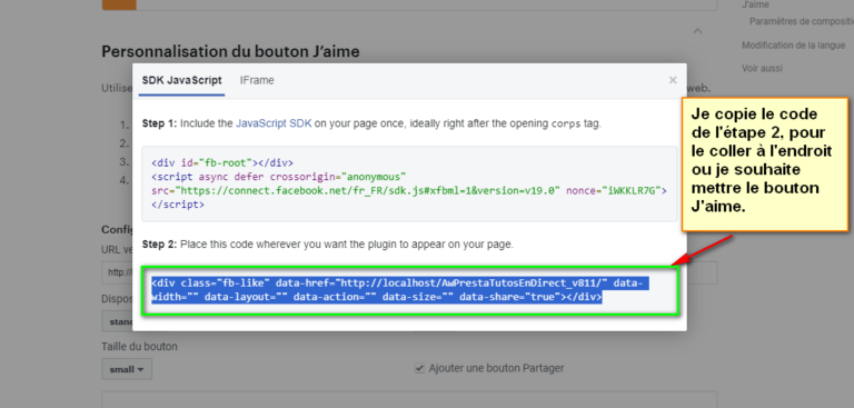 Image de la fenêtre modale contenant le code à intégrer pour le bouton J'aime de Facebook.