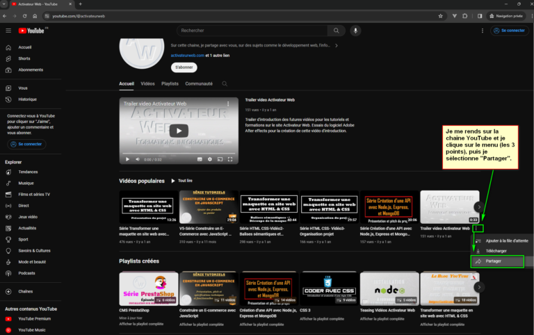 Image de l'accès au menu et à la fenêtre de partage d'une vidéo sur YouTube.