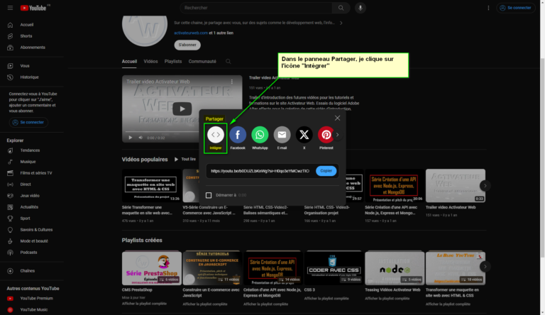 Image de la fenêtre de partage d'une vidéo YouTube où se situe l'icône "Intégrer".